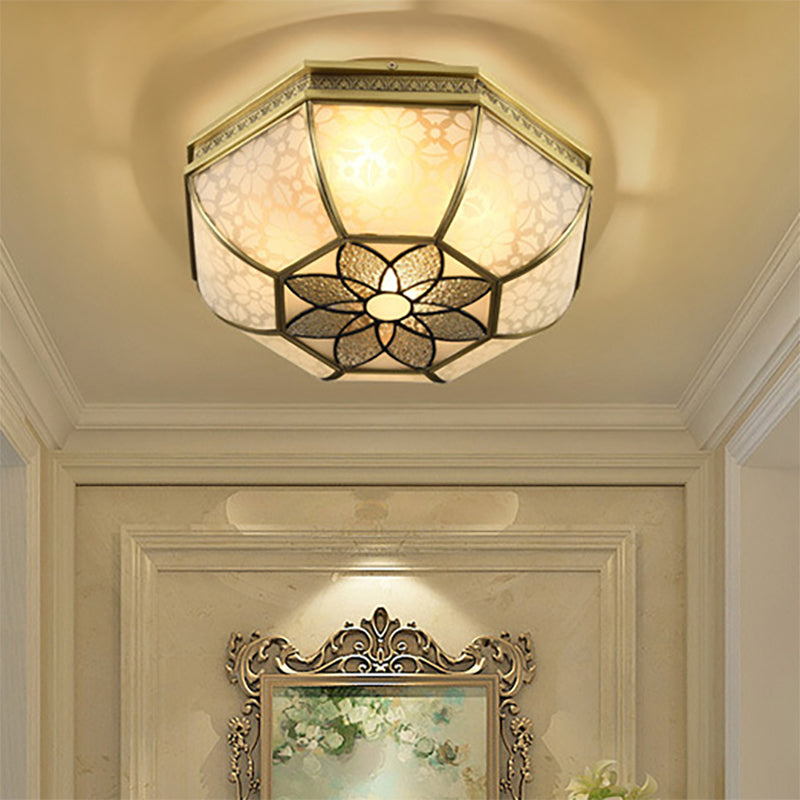 Colonialist Beveled Ceiling Mounted Light 4 Bulbs Opaque Glass Flush Mount Light Fixture in Brass for Bedroom