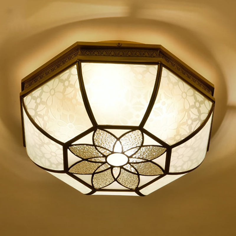 Colonialist Beveled Ceiling Mounted Light 4 Bulbs Opaque Glass Flush Mount Light Fixture in Brass for Bedroom