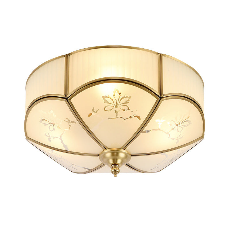 14 "/18" /23.5 " W Messing 3/4/6 Köpfe Flush Mount Lampe Kolonialismus sandgestrahlt Glas Scalloped Deckenbefestigung für Wohnzimmer