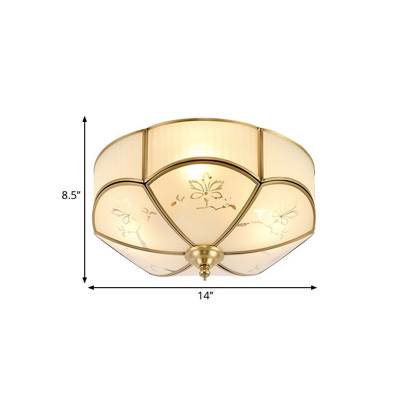 14 "/18" /23.5 " W Messing 3/4/6 Köpfe Flush Mount Lampe Kolonialismus sandgestrahlt Glas Scalloped Deckenbefestigung für Wohnzimmer