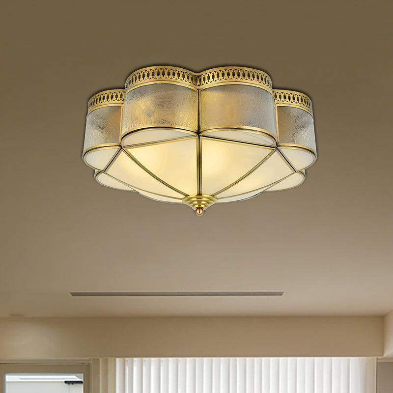 Curved Frosted Glass Brass Ceiling Flush Scallop 2 Heads Colonialist Flush Mount Lamp for Bedroom