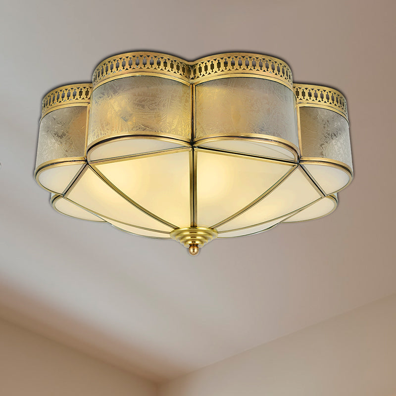 Curved Frosted Glass Brass Ceiling Flush Scallop 2 Heads Colonialist Flush Mount Lamp for Bedroom