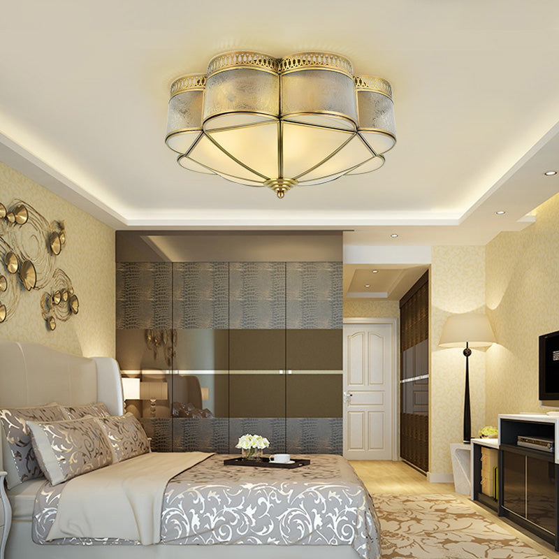 Curved Frosted Glass Brass Ceiling Flush Scallop 2 Heads Colonialist Flush Mount Lamp for Bedroom