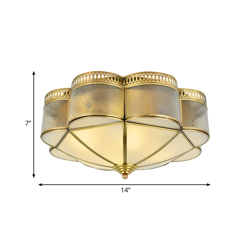 Curved Frosted Glass Brass Ceiling Flush Scallop 2 Heads Colonialist Flush Mount Lamp for Bedroom