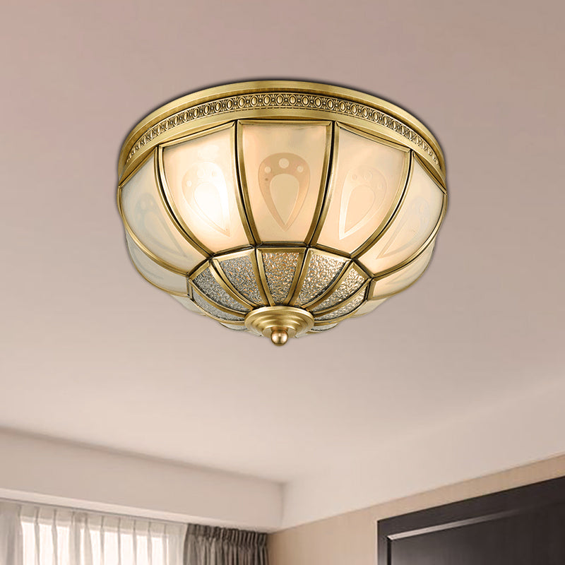 12"/16" W Dome Bedroom Flush Mount Light Colonial Opal Frosted Glass 2/3 Bulbs Brass Close to Ceiling Lamp