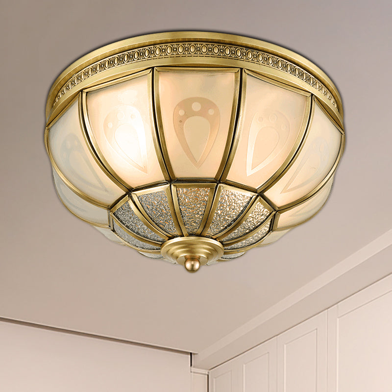 12"/16" W Dome Bedroom Flush Mount Light Colonial Opal Frosted Glass 2/3 Bulbs Brass Close to Ceiling Lamp