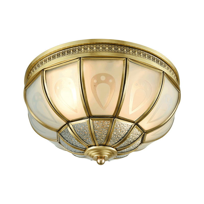 12"/16" W Dome Bedroom Flush Mount Light Colonial Opal Frosted Glass 2/3 Bulbs Brass Close to Ceiling Lamp