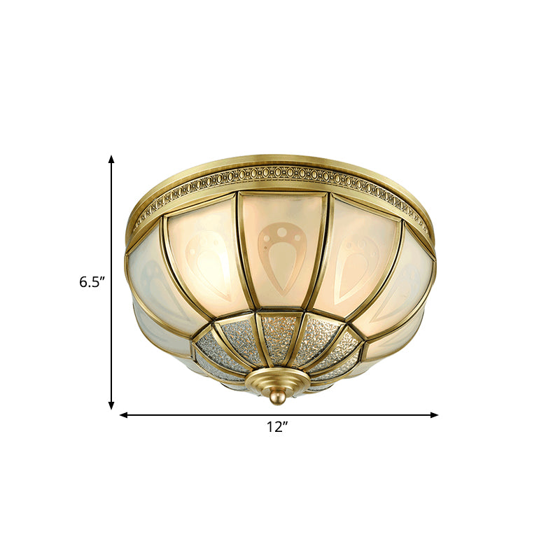 12"/16" W Dome Bedroom Flush Mount Light Colonial Opal Frosted Glass 2/3 Bulbs Brass Close to Ceiling Lamp