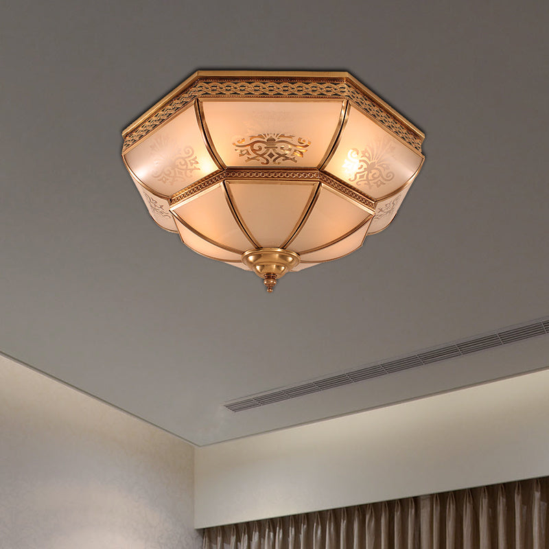 3/4 Bulbs Bowl Ceiling Mount Colonial Brass Curved Frosted Glass Flush Light Fixture for Living Room, 16.5"/18" W