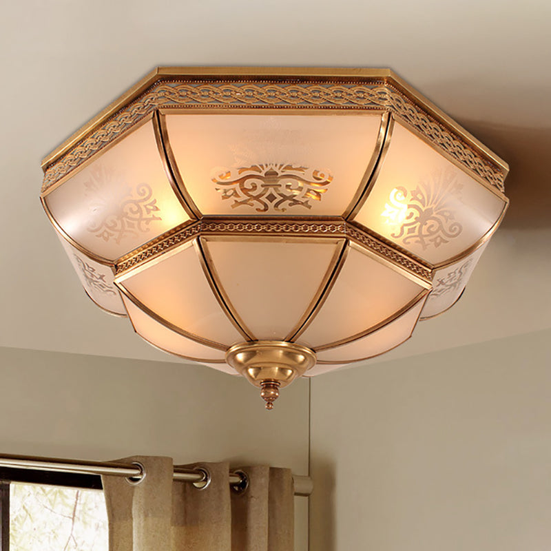 3/4 Bulbs Bowl Ceiling Mount Colonial Brass Curved Frosted Glass Flush Light Fixture for Living Room, 16.5"/18" W