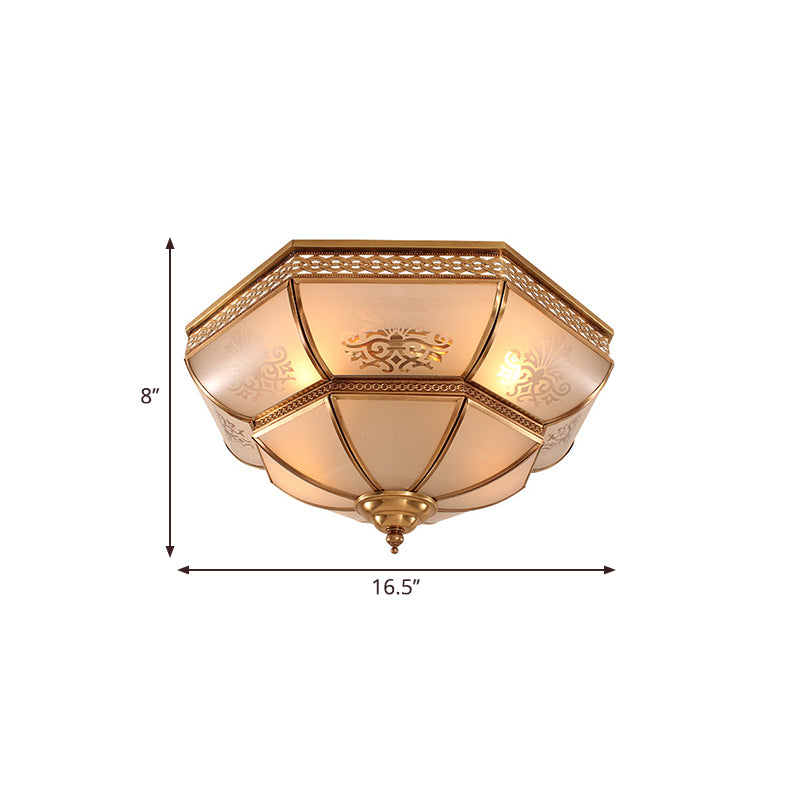 Lámpara empotrada de vidrio esmerilado curvado de latón colonial para montaje en techo con cuenco de 3/4 bombillas para sala de estar, 16,5"/18" W