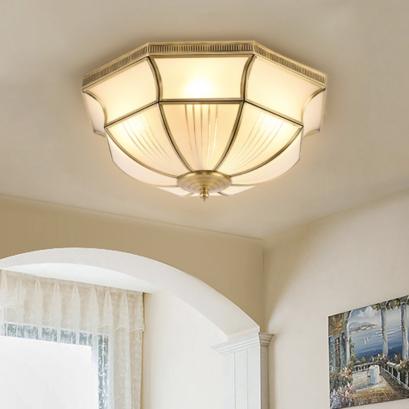 Brass 4 Lights Flush Mount Fixture Colonialism Satin Opal Glass Dome Ceiling Mounted Light for Hall