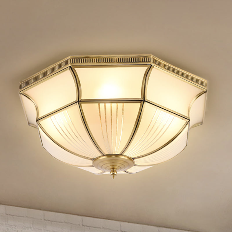 Brass 4 Lights Flush Mount Fixture Colonialism Satin Opal Glass Dome Ceiling Mounted Light for Hall