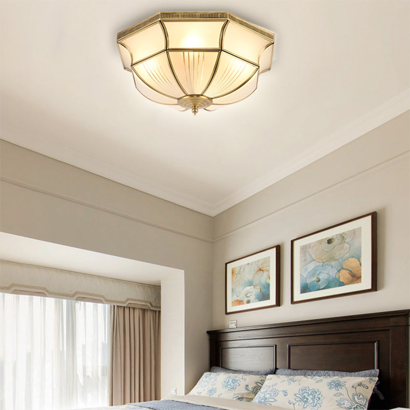 Brass 4 Lights Flush Mount Fixture Colonialism Satin Opal Glass Dome Ceiling Mounted Light for Hall