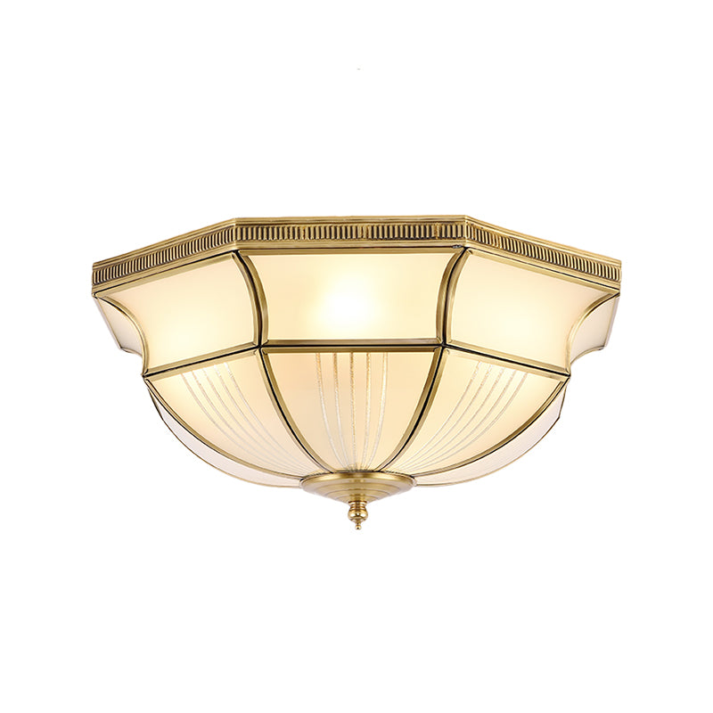 Brass 4 Lights Flush Mount Fixture Colonialism Satin Opal Glass Dome Ceiling Mounted Light for Hall