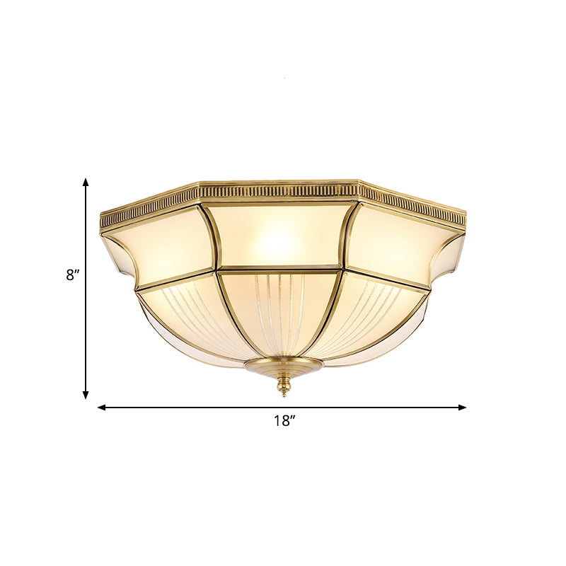 Brass 4 Lights Flush Mount Fixture Colonialism Satin Opal Glass Dome Ceiling Mounted Light for Hall