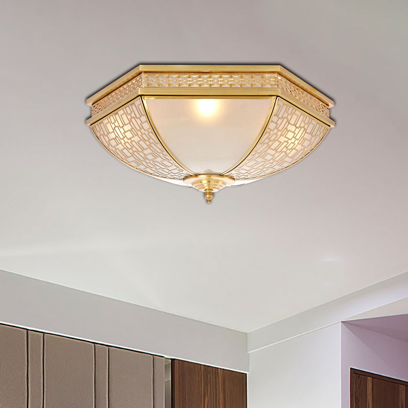 Dome Bedroom Flush Mount Light Colonial Opal Frosted Glass 3 Bulbs Brass Close to Ceiling Lamp