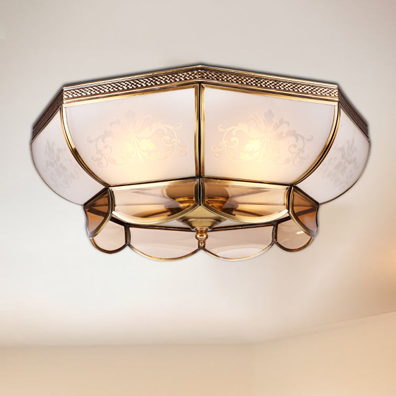 Colonialism Dome Ceiling Mounted Light 3/4 Bulbs 14"/18" W Frosted White Glass Flush Mount Chandelier in Brass for Bedroom