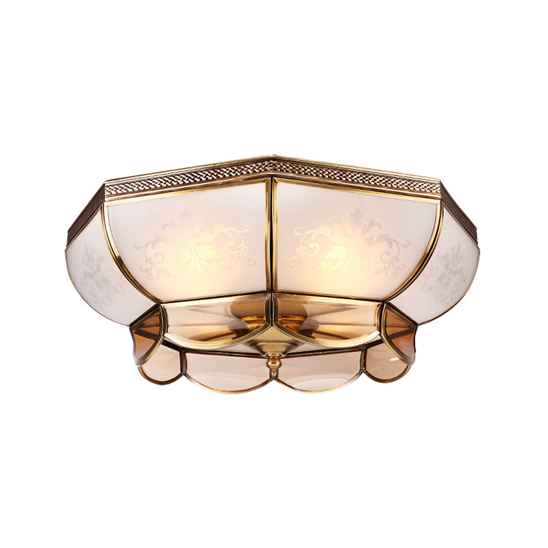 Colonialism Dome Ceiling Mounted Light 3/4 Bulbs 14"/18" W Frosted White Glass Flush Mount Chandelier in Brass for Bedroom