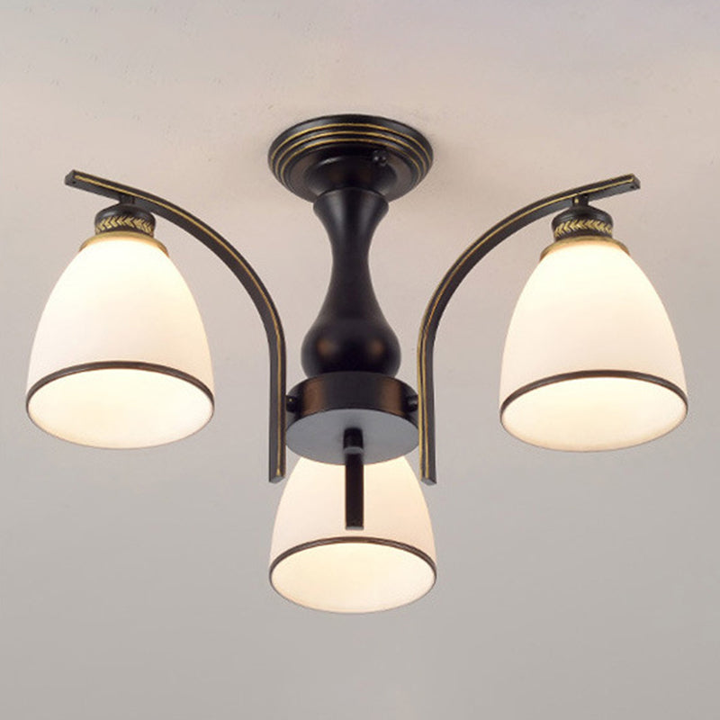 Dome Glass Semi Flush Mount Light armatuur Traditionele slaapkamer plafondbevestiging kroonluchter in zwart