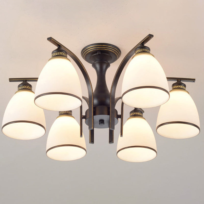 Dome Glass Semi Flush Mount Light armatuur Traditionele slaapkamer plafondbevestiging kroonluchter in zwart