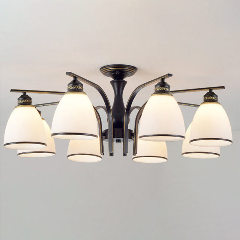 Dome Glass Semi Flush Mount Light armatuur Traditionele slaapkamer plafondbevestiging kroonluchter in zwart