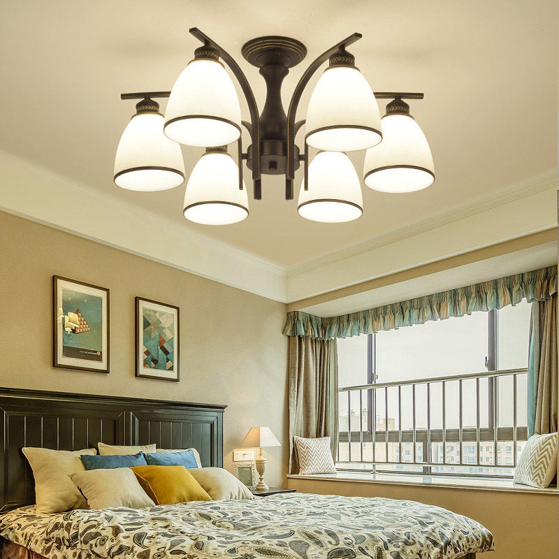 Dome Glass Semi Flush Mount Light Fixture Traditional Bedroom Ceiling Mount Chandelier in Black