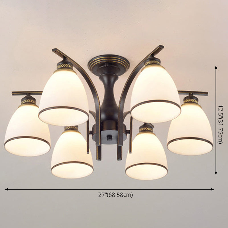 Dome Glass Semi Flush Mount Light armatuur Traditionele slaapkamer plafondbevestiging kroonluchter in zwart