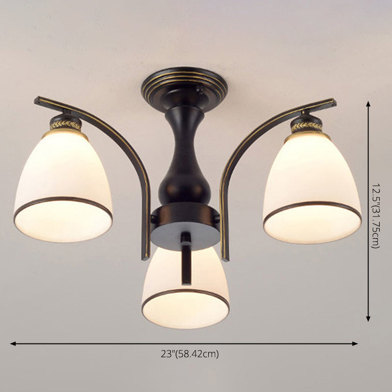 Dome Glass Semi Flush Mount Light armatuur Traditionele slaapkamer plafondbevestiging kroonluchter in zwart