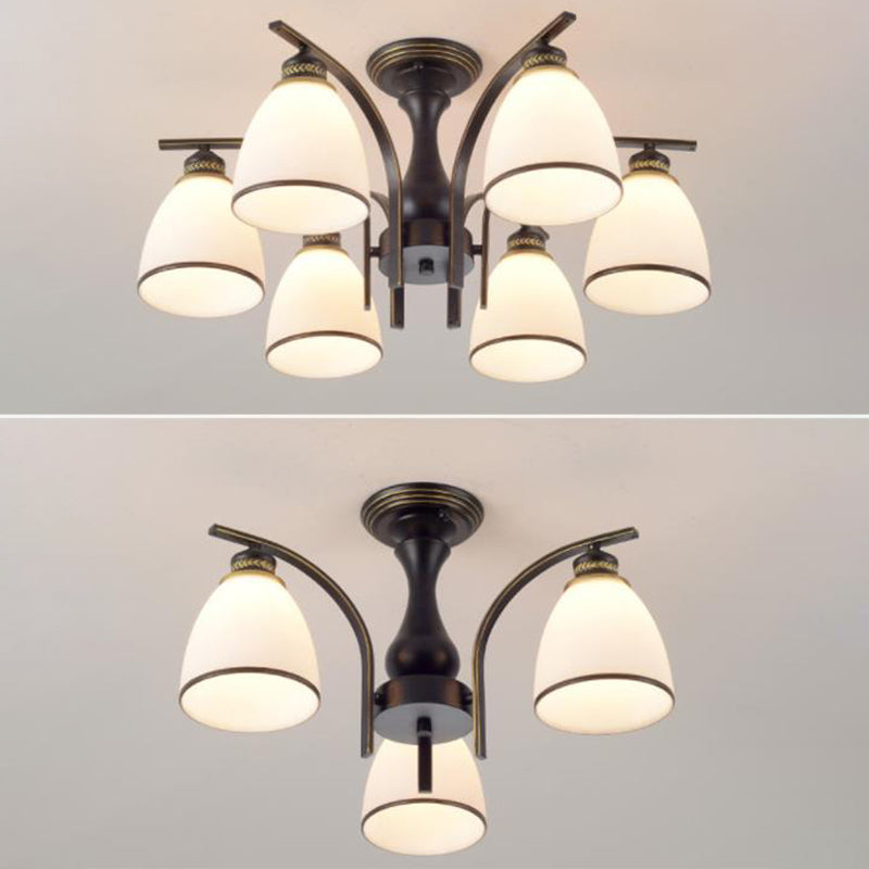 Dome Glass Semi Flush Mount Light armatuur Traditionele slaapkamer plafondbevestiging kroonluchter in zwart