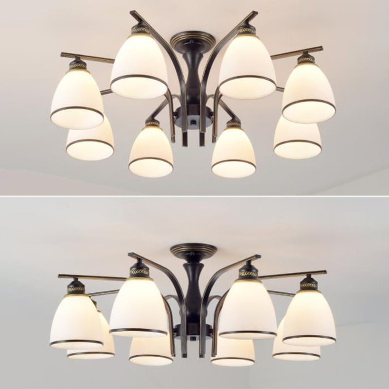 Dome Glass Semi Flush Mount Light Fixture Traditional Bedroom Ceiling Mount Chandelier in Black