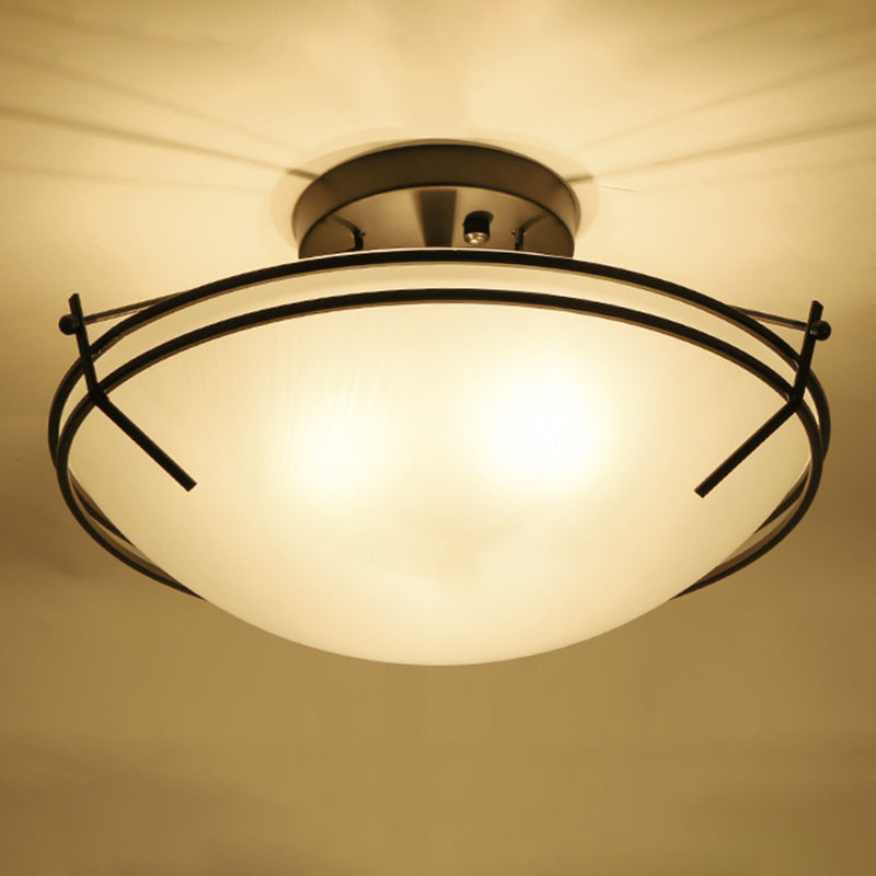 Semi Flush Mount Light Traditional Bedroom Semi-Flush Mount Ceiling Light with Bowl Glass Shade in Cream