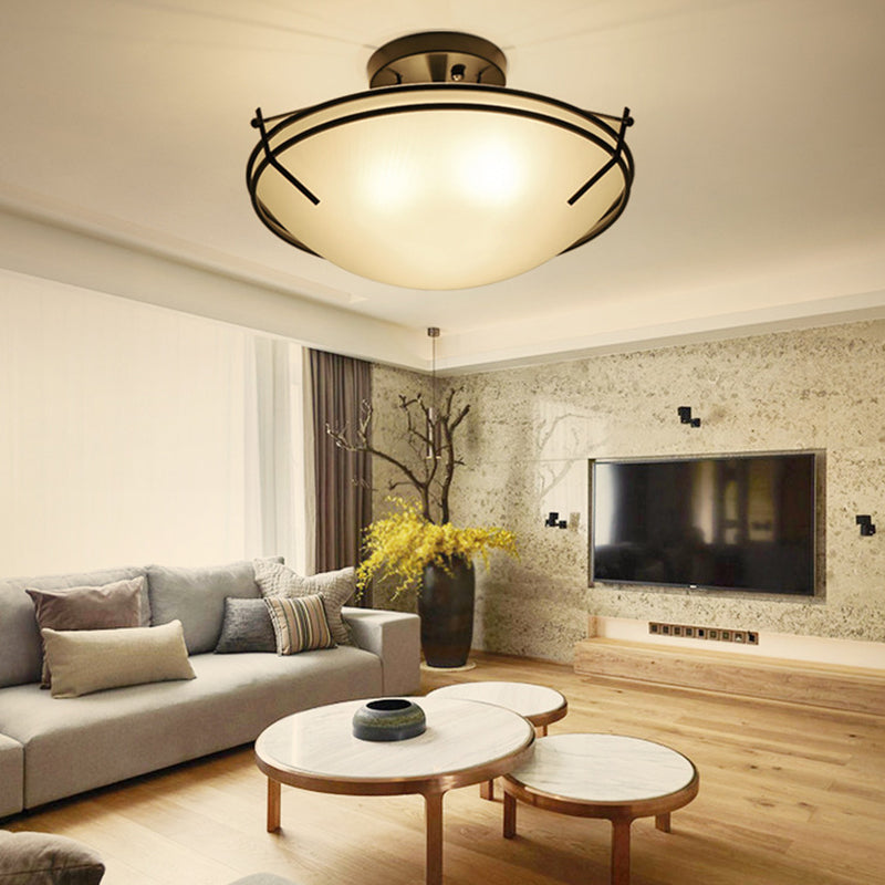 Semi Flush Mount Light Traditional Bedroom Semi-Flush Mount Ceiling Light with Bowl Glass Shade in Cream