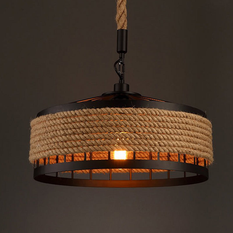 Vintage Black Mongolian Yurt Ceiling Light Hemp Rope 1 Light Restaurant Hanging Pendant Lighting