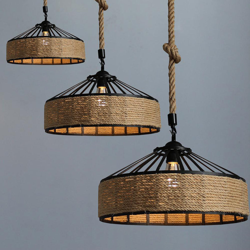 Vintage Black Mongolian Yurt Ceiling Light Hemp Rope 1 Light Restaurant Hanging Pendant Lighting