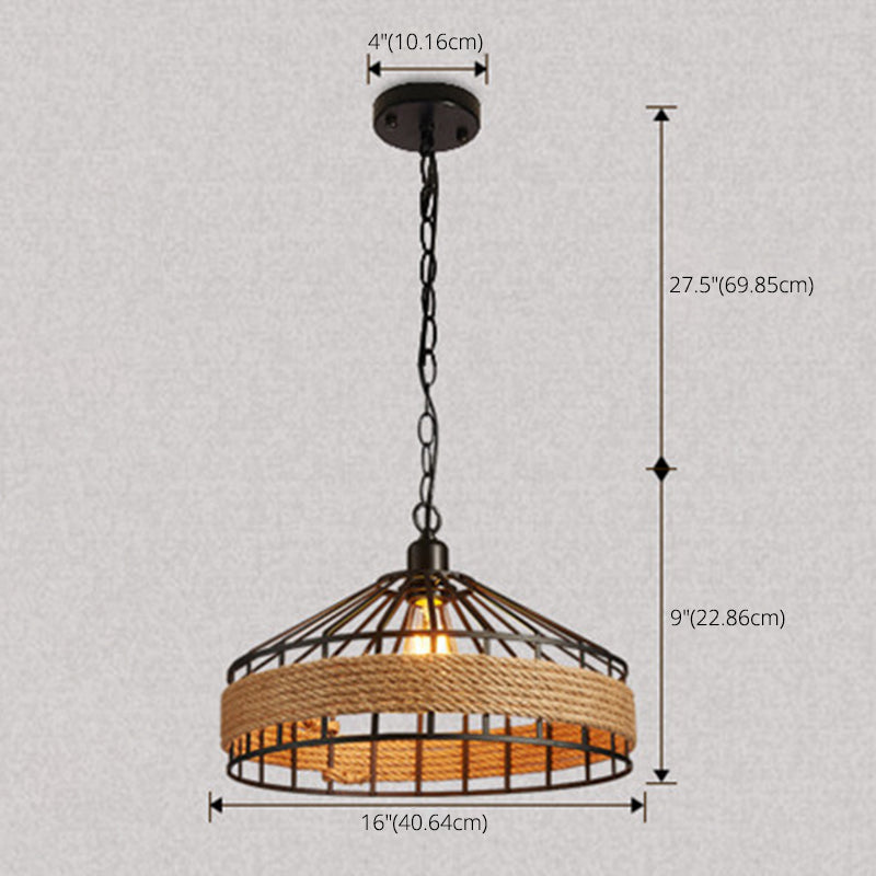 Vintage Black Mongolian Yurt Ceiling Light Hemp Rope 1 Light Restaurant Hanging Pendant Lighting