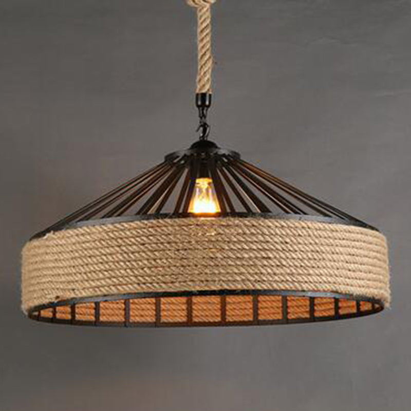 Vintage Black Mongolian Yurt Ceiling Light Hemp Rope 1 Light Restaurant Hanging Pendant Lighting