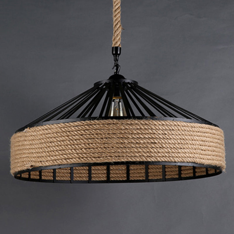 Vintage Black Mongolian Yurt Ceiling Light Hemp Rope 1 Light Restaurant Hanging Pendant Lighting