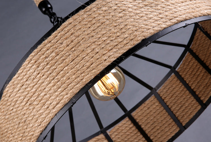 Vintage Black Mongolian Yurt Ceiling Light Hemp Rope 1 Light Restaurant Hanging Pendant Lighting