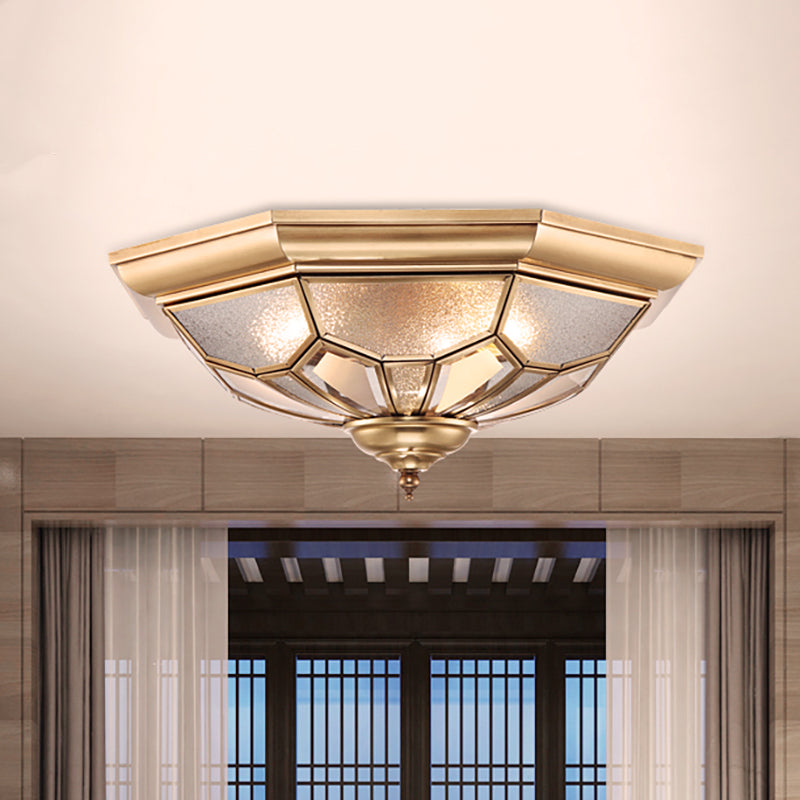 3 Bulbi Bowl Massimale Monte Coloniale Brass Seeded Glass Flush Light Fixture per Bedroom