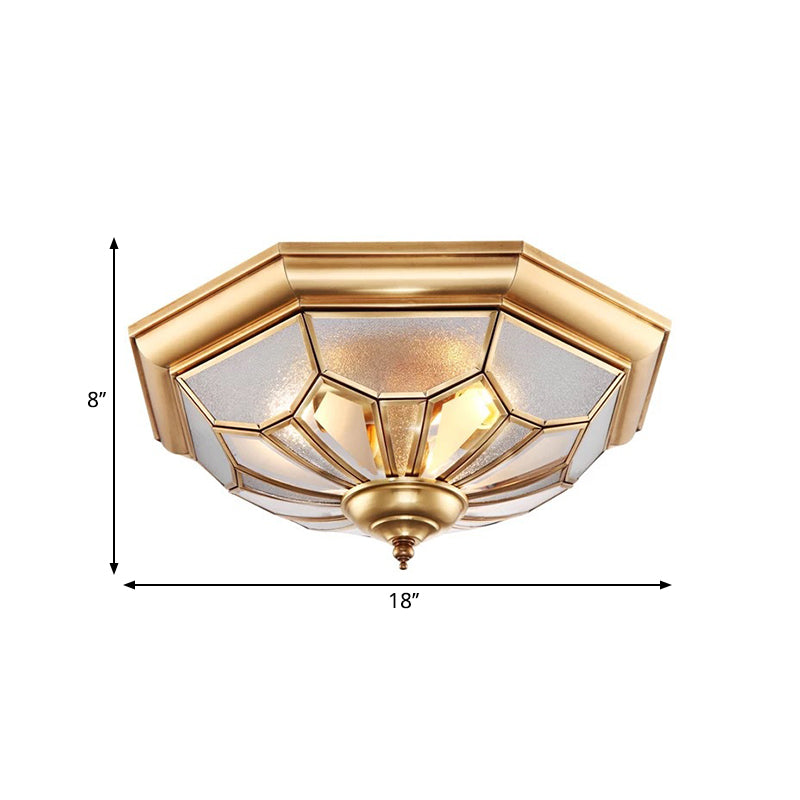 3 Bulbs Bowl Ceiling Mount Colonial Brass Seeded Glass Flush Light Fixture for Bedroom