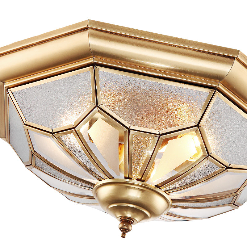 3 Bulbs Bowl Ceiling Mount Colonial Brass Seeded Glass Flush Light Fixture for Bedroom