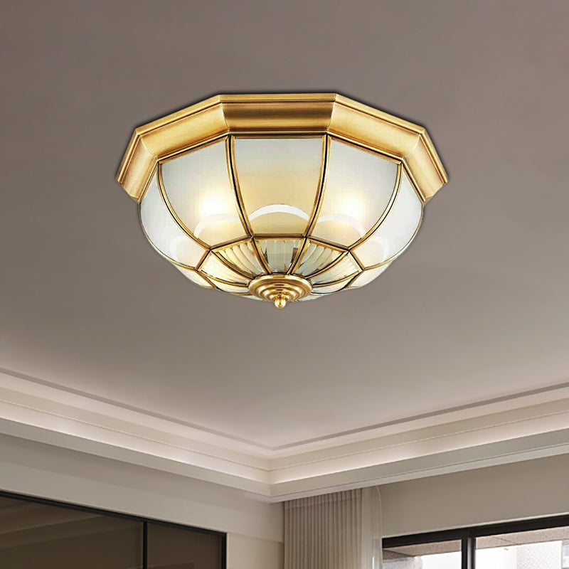 Frosted Glass Brass Ceiling Flush Dome 3/4/6 Heads Colonialist Flush Mount Lamp for Bedroom, 14"/18"/23.5" W