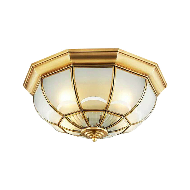 Frosted Glass Brass Ceiling Flush Dome 3/4/6 Heads Colonialist Flush Mount Lamp for Bedroom, 14"/18"/23.5" W