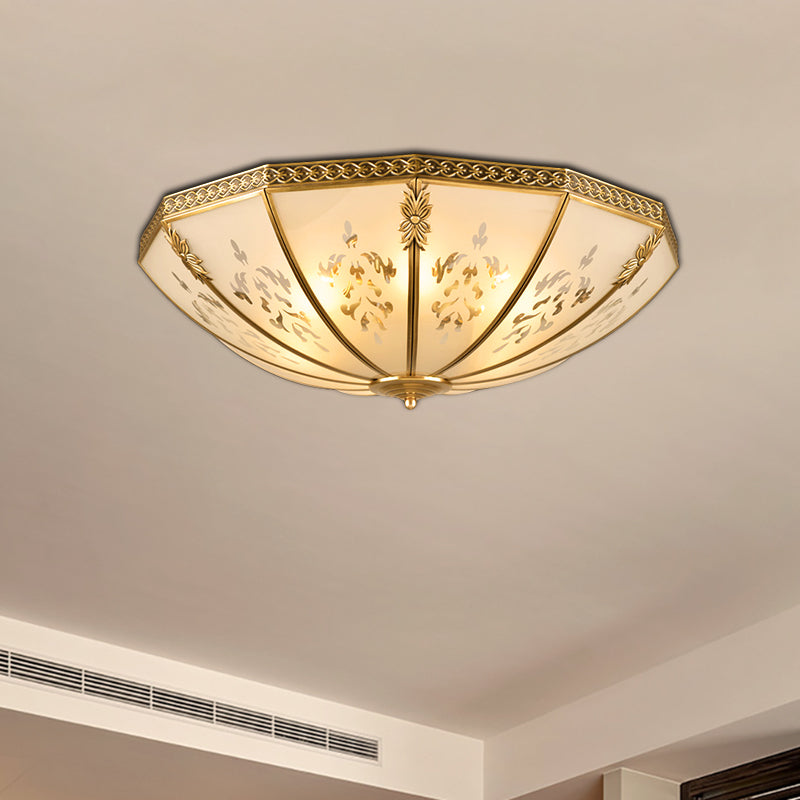 Colonialism Bowl Ceiling Mount Light Fixture 3 Bulbs Milk Glass Flush Mount Chandelier in Brass for Bedroom