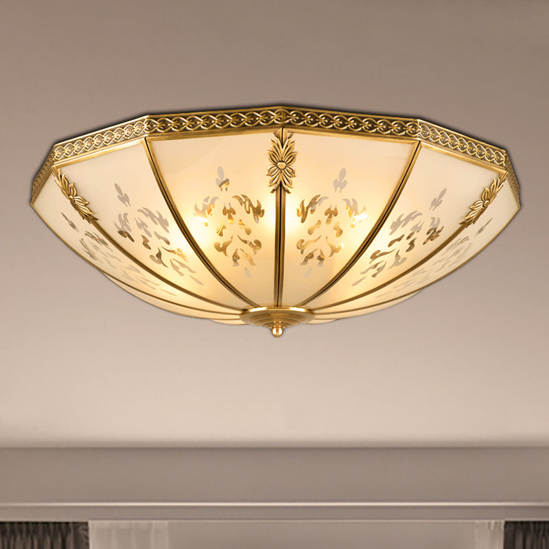 Colonialism Bowl Ceiling Mount Light Fixture 3 Bulbs Milk Glass Flush Mount Chandelier in Brass for Bedroom