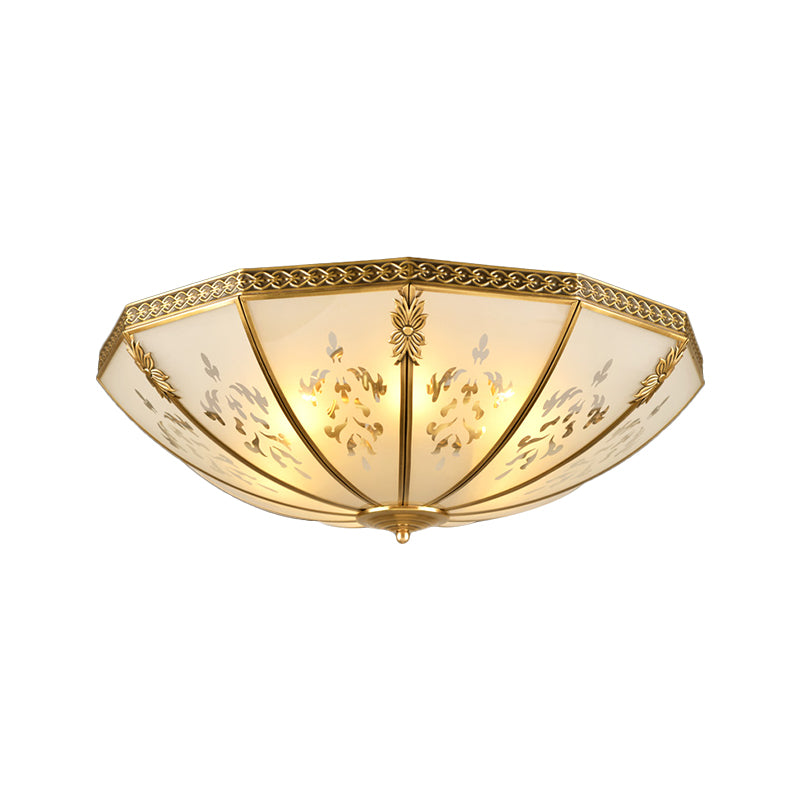 Colonialism Bowl Ceiling Mount Light Fixture 3 Bulbs Milk Glass Flush Mount Chandelier in Brass for Bedroom