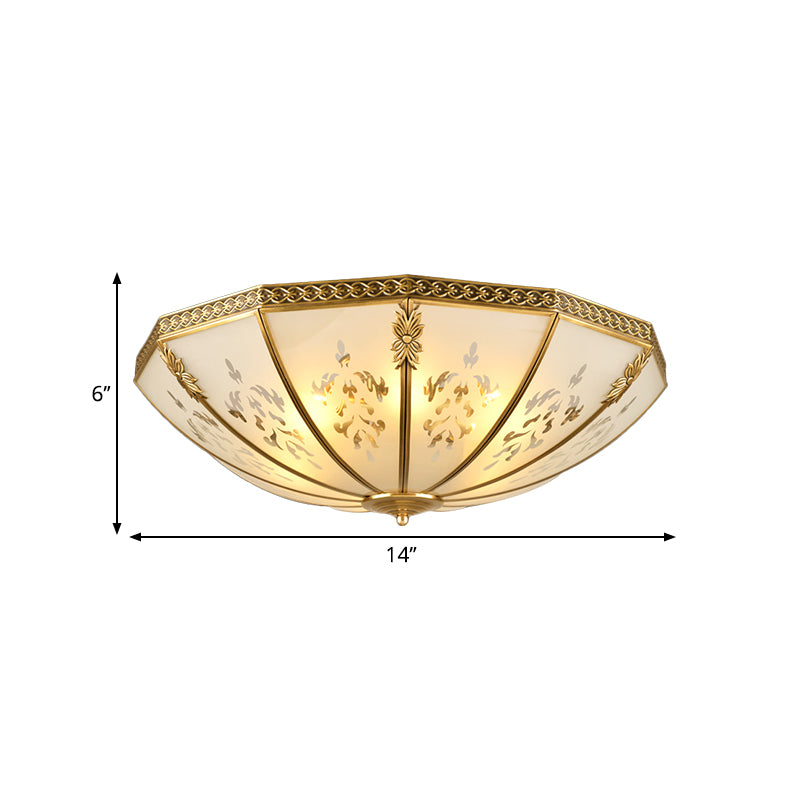 Colonialism Bowl Ceiling Mount Light Fixture 3 Bulbs Milk Glass Flush Mount Chandelier in Brass for Bedroom