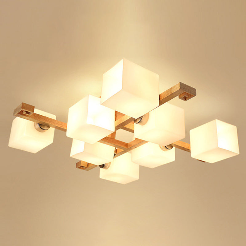 White Glass Block Flush Chandelier Nordic Style Wood Semi Flush Mount Light for Living Room