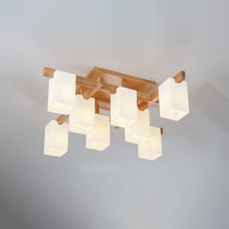 White Glass Block Flush Chandelier Nordic Style Wood Semi Flush Mount Light for Living Room